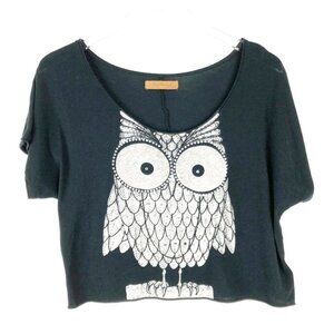 The Classic Crop Top Women's S Black Silver Metallic Owl Bedazzled